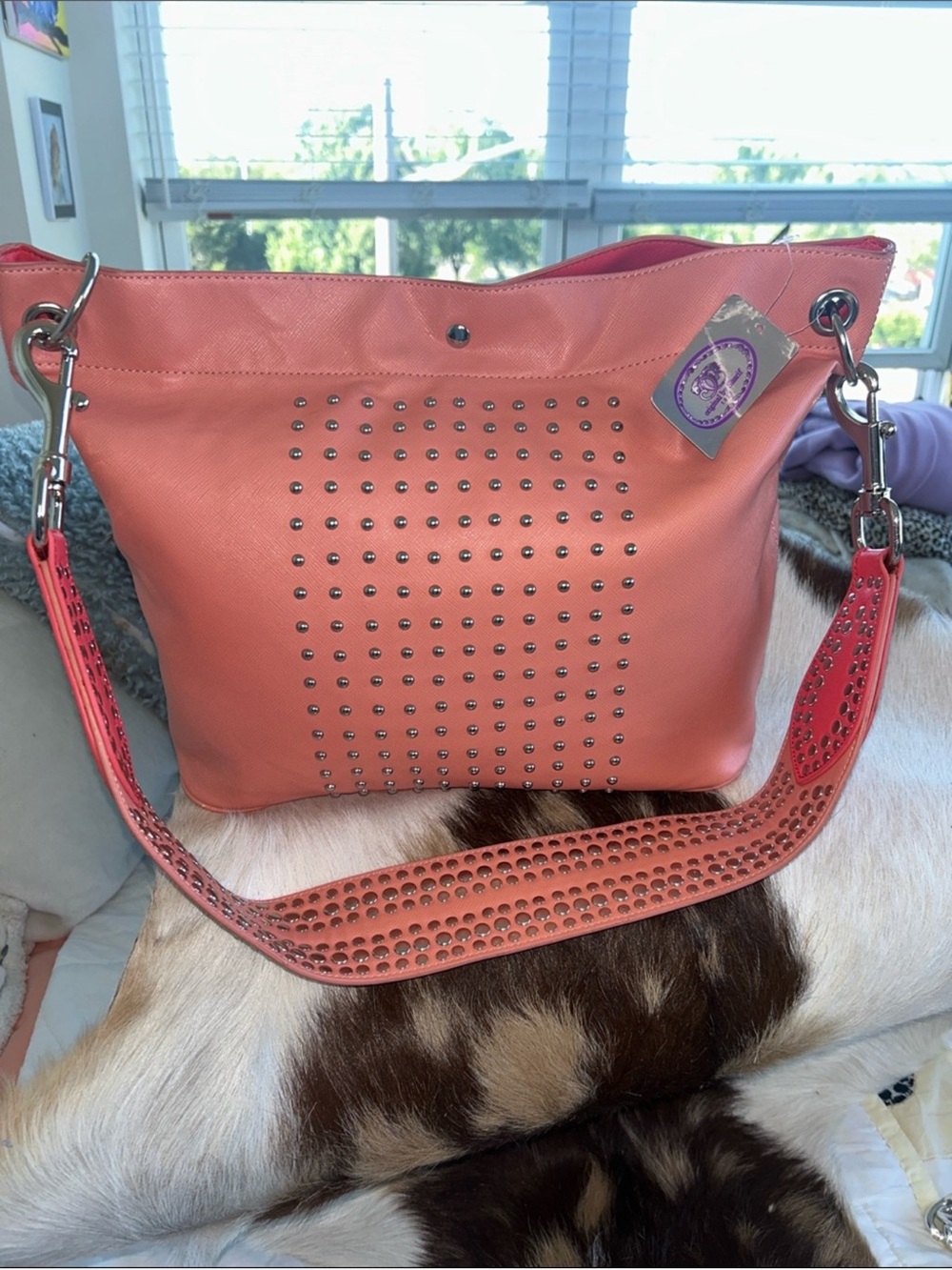 Sharif NWT Coral Pink Studded Tote with Leather Studded Strap and Chain Straps - Picture 10 of 12